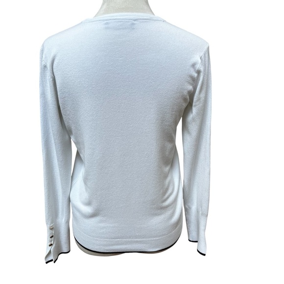 Zara Knit White and Navy Sweater Crew Neck Women’s Size Large Gold Buttons - Picture 4 of 8